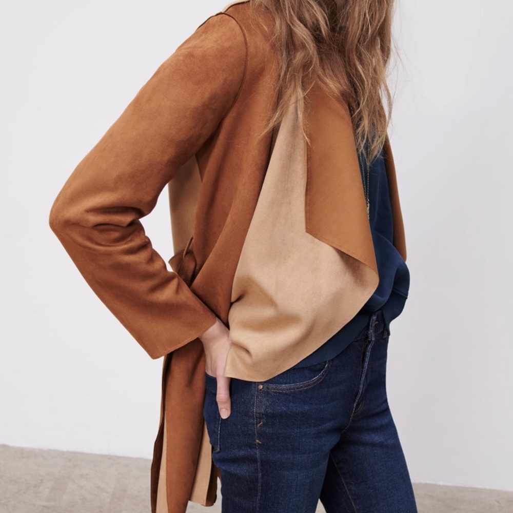 Zara patchwork jacket with tie size XS NWT brown - Picture 7 of 16